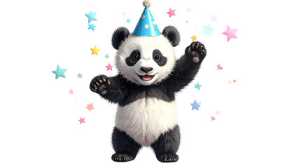 Cheerful panda in party hat, surrounded by colorful stars, on a black background