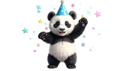 Cheerful panda in party hat, surrounded by colorful stars, on a black background