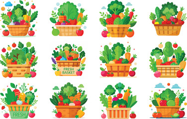 Organic Vegetable Basket Illustration Collection with Fresh Farm Produce, Healthy Organic Food, Colorful Vegetables in Wicker Baskets, Farmers Market Grocery Concept, Vegan and Vegetarian Lifestyle, 