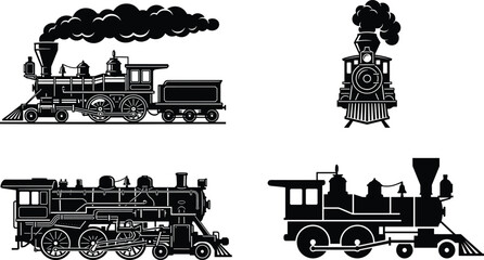 Vintage steam locomotive silhouettes set showing classic railway trains with smoke isolated on white background for transportation history design use © Moslama