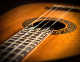 Fototapeta premium Close Up Of A Vintage Acoustic Guitar With Six Strings And Detailed Fretboard In Warm Golden Lighting