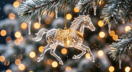 glass horse ornament hangs from a snowy pine branch against a backdrop of glowing lights