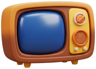 Vintage television with blue screen and yellow buttons on transparent background