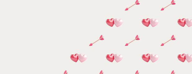 Valentine's Day celebration concept or romantic theme such as arrow and two hearts on a grey background. 3d rendering. 3d rendering. Banner or header. Copy space