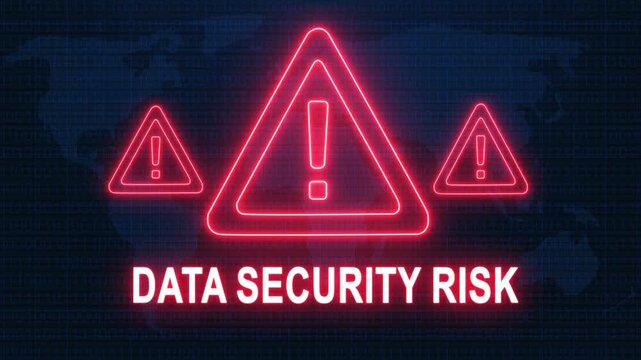 Data security risk alert warning. Cybersecurity defense and secure digital systems protection against cyberattacks. urgent threat notification concept with glowing red hazard icon.