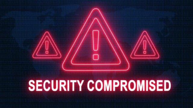Security compromised alert warning. Cybersecurity defense and secure digital systems protection against cyberattacks. urgent threat notification concept with glowing red hazard icon.
