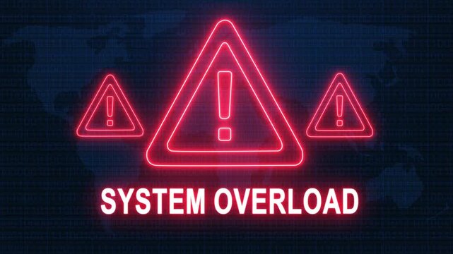 System overload alert warning. Cybersecurity defense and secure digital systems protection against cyberattacks. urgent threat notification concept with glowing red hazard icon.