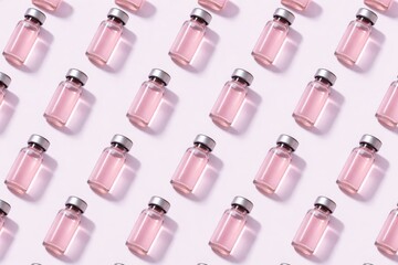 A seamless pattern featuring a close‑up of flu vaccine bottles against a bright backdrop, with a minimalistic layout depicting coronavirus infection and novel virus disease, illustrating vaccination