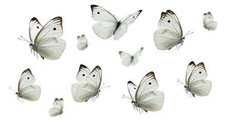 Elegant Butterflies in Flight Against a White Background.
