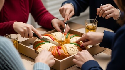 Close-up shot of diverse hands serving sandwiches from a box on a table with a casual gathering atmosphere.