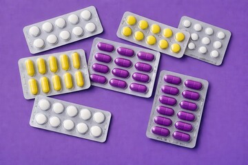 A minimal studio photo shows eight packs of various medicines, vitamins, and tablets&mdash;pharmaceuticals for different diseases&mdash;set against a purple background