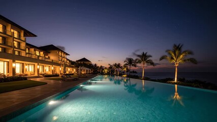 Luxury resort at dusk with illuminated pool, palms, and ocean views