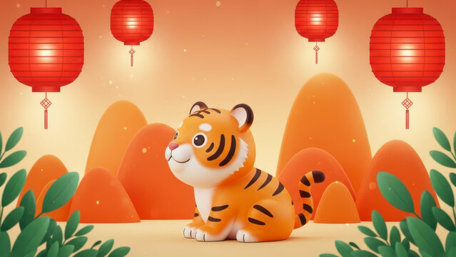 Cute tiger cub with red lanterns in chinese new year celebration