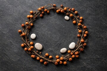 Longan fruit, also called dragon eye fruit, appears in a round frame against a dark background; a superfood tropical local product of Thailand and China, presented in a top‑view flat lay