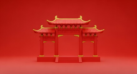 Obraz premium Simple Red Chinese Gate Structure Minimalist Design New Year Decoration