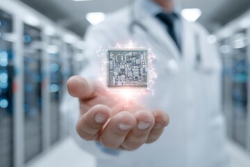 Engineer Holding Glowing Microchip in Data Center Environment
