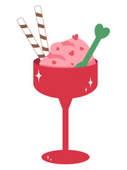 Sweet Valentine's Day Pink Ice Cream with Chocolate Wafer Rolls and Heart Spoon