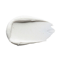 ultra-detailed macro flat lay of a single thick white grainy cosmetic scrub swatch with sharp contours on a seamless matte gray background, professional studio lighting. Concept for skincare