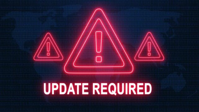 Update required alert warning. Cybersecurity defense and secure digital systems protection against cyberattacks. urgent threat notification concept with glowing red hazard icon.