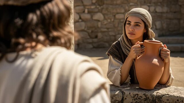 AI genereted video of Jesus Christ Speaking to the Samaritan Woman at the Well: Close-up Biblical Scene with Young Woman Holding a Clay Water Jar.