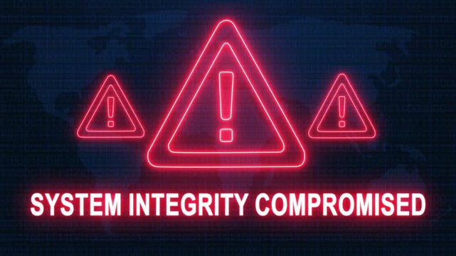 System integrity compromised alert warning. Cybersecurity defense and secure digital systems protection against cyberattacks. urgent threat notification concept with glowing red hazard icon.
