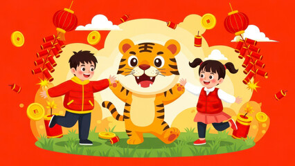 Happy chinese new year celebration with children and tiger