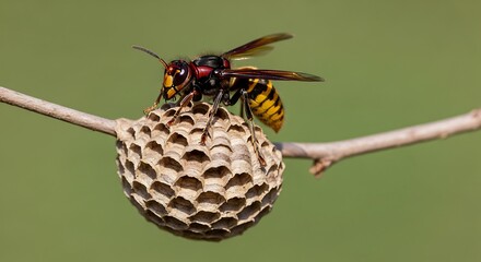 European Hornet Perched on Nest Branch.