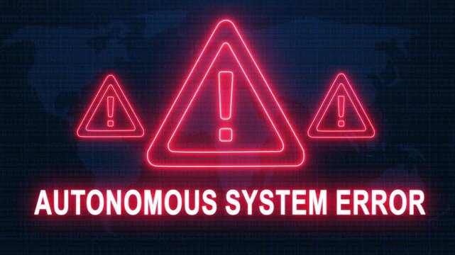 Autonomous system error alert warning. Cybersecurity defense and secure digital systems protection against cyberattacks. urgent threat notification concept with glowing red hazard icon.