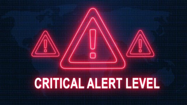 Critical Alert level warning. Cybersecurity defense and secure digital systems protection against cyberattacks. urgent threat notification concept with glowing red hazard icon.
