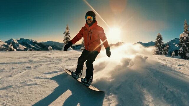 Male snowboarder in orange jacket carves down a snowy mountain slope during a golden sunset. The scene evokes freedom and energy, perfect for winter sports and travel advertisements.