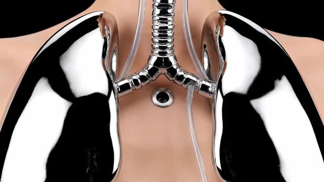 Metallic lung model with trachea, against a neutral skin tone background