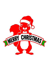 Funny Squirrel with Red Santa Cap Holding Merry Christmas Banner