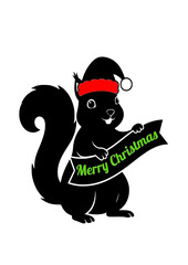 Funny Squirrel with Red Santa Cap Holding Merry Christmas Banner