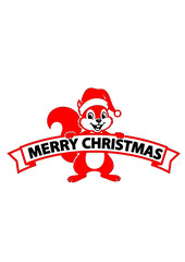 Funny Squirrel with Red Santa Cap Holding Merry Christmas Banner