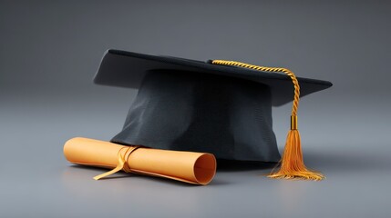 A graduation cap with a gold tassel and a rolled-up diploma resting on a neutral gray background
