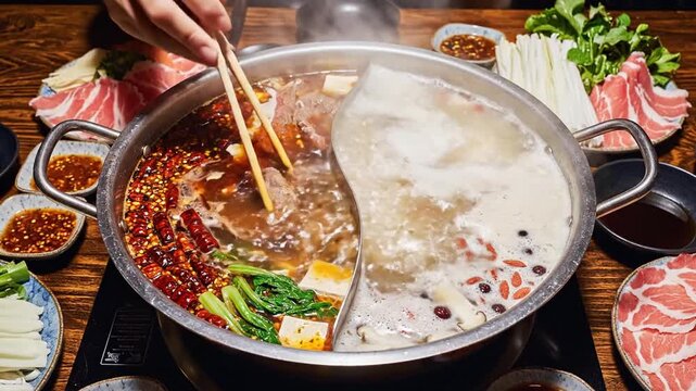 A vibrant hot pot meal being prepared at a table, showcasing fresh ingredients like meat, vegetables, and spices, with steam rising and various dipping sauces in the background