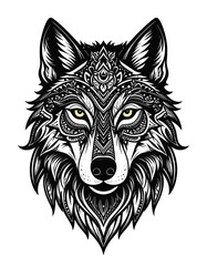 Fototapeta premium A detailed, monochrome illustration of a wolf's head, heavily decorated with ornate patterns and sharp edges. Eyes are golden
