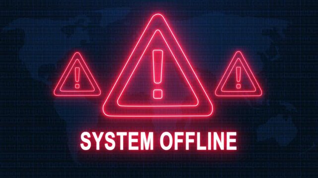 System offline alert warning. Cybersecurity defense and secure digital systems protection against cyberattacks. urgent threat notification concept with glowing red hazard icon.