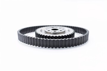 High-Performance Rubber Timing Belt with Metallic Cog Gear Pulley Isolated on White Background