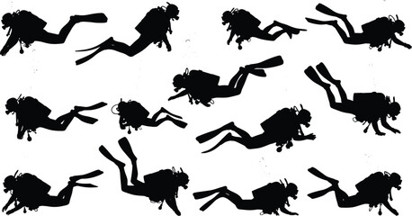 Collection of professional scuba diver silhouettes in various swimming poses with oxygen tanks and flippers for underwater marine exploration designs © Hello World