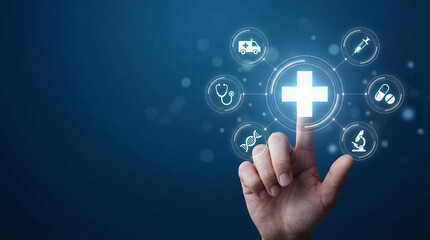 Fototapeta premium Hand touching virtual medical interface with glowing cross and health icons, smart healthcare and digital technology concept on blue background.