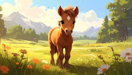 A cute foal with brown fur and a diamond on its forehead stands in a sunny field of flowers, mountains in the background