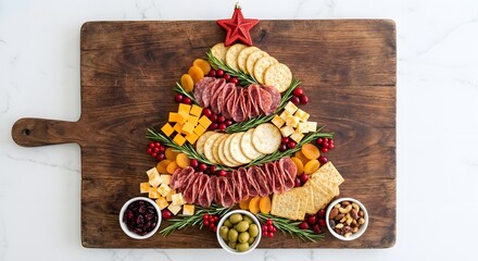 A festive charcuterie board shaped like a Christmas tree,
