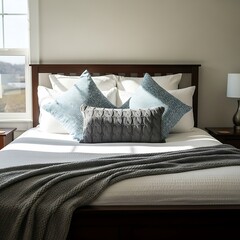Cozy bedroom with pillows and blanket, inviting relaxation and comfort.