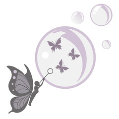 Obraz premium A whimsical illustration depicts a fairy blowing bubbles with butterflies inside creating a magical and lighthearted scene