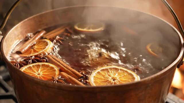 A warm spiced cider simmering in a copper pot with orange slices and cinnamon sticks