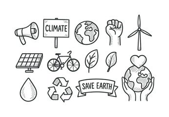 Fototapeta premium Environmental protection linear icon set. featuring climate, earth, wind, solar, recycle, bike, and nature symbols