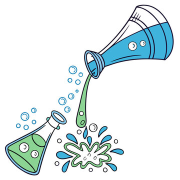 A colorful illustration depicts a chemical experiment involving liquids pouring from one flask into another with bubbles rising