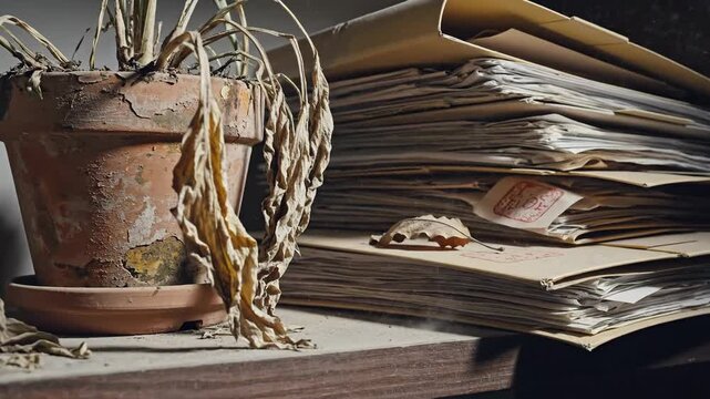 A wilting potted plant with drooping leaves sits beside a stack of old documents on a dusty shelf, representing neglect and decay.