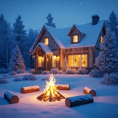 Cozy Winter Cabin Scene with Fire and Snow.